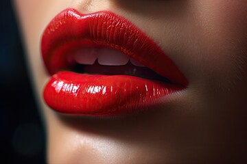 Obraz premium Extreme close-up of the red lips of a beautiful young woman.