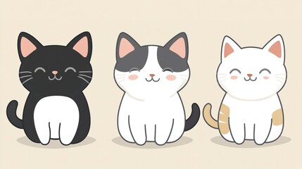 Obraz premium Cute Picture of Three Adorable Cats, Featuring a Tuxedo Cat, a White Cat, and a White Cat with Tabby Patches, Perfect for Cat Lovers