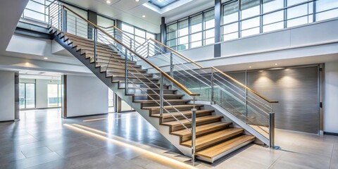Obraz premium Modern staircase with metallic rail in contemporary building , stairs, interior design, architecture, modern, staircase
