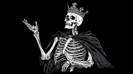 A regal skeleton adorned with a crown and cape, embodying themes of mortality and power in a hauntingly beautiful way. Regal. Illustration