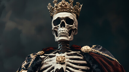 A regal skeleton adorned with a crown and cape, embodying themes of mortality and power in a hauntingly beautiful way. Regal. Illustration