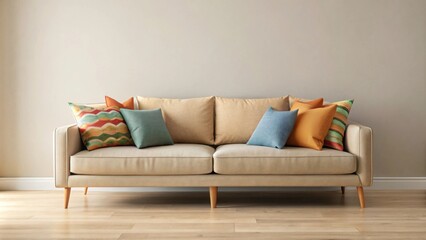 Tan couch with colorful pillows, tan, couch, colorful, pillows, home decor, interior design, comfortable, cozy