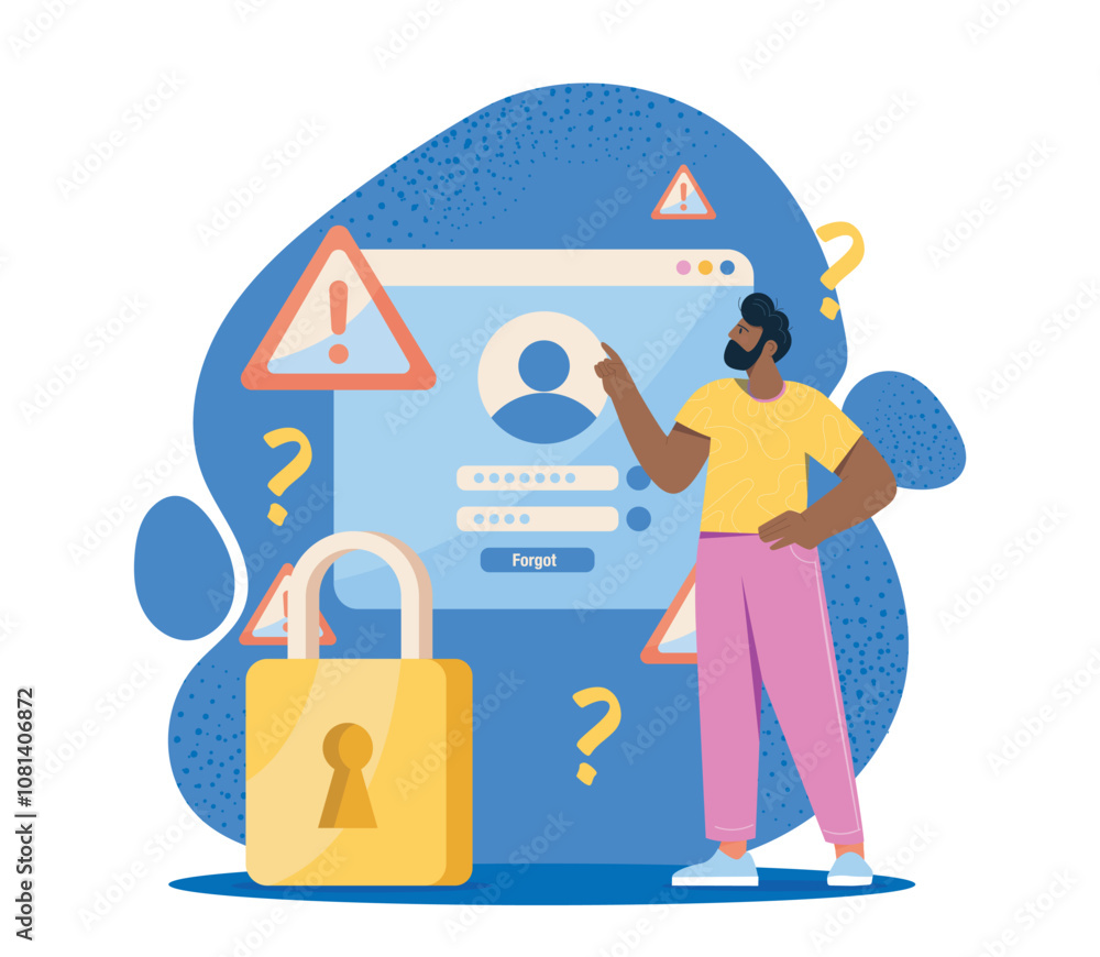 Poster man with forgotten password. young guy enters login and password into website. account and profile o