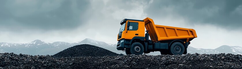 A vibrant yellow dump truck standing against a dramatic landscape with mountains, showcasing its rugged design.