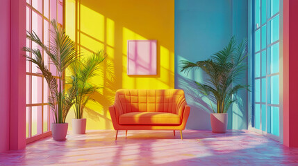 Yellow, blue, and pink room with a yellow armchair.