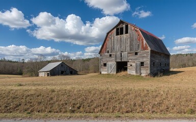 Obraz premium Serene Rustic Barn in Open Fields Under Blue Sky