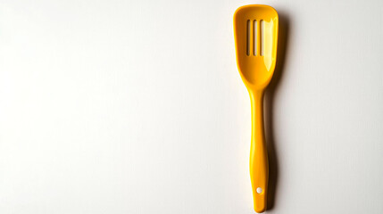 Yellow slotted spoon on white background.