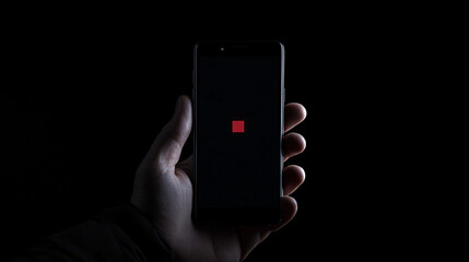 A male hand holding a smartphone cell phone with a dead screen icon no power