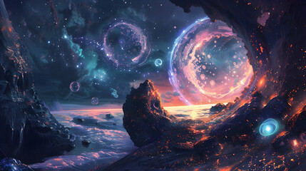 Fantasy Landscape with Glowing Orbs and Starry Night Illustration