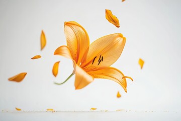Beautiful Orange lily flower falling in the air isolated on white background. High resolution image