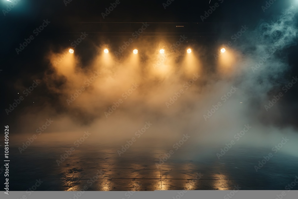 Poster empty stage with fog and spotlights, ready for performance or presentation
