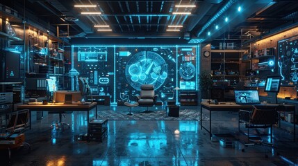 Futuristic office interior with large digital screen displaying data and graphs, glowing neon lights, and high-tech furniture.