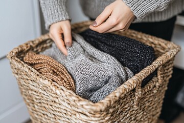 Obraz premium Cozy Sweaters in a Woven Basket for Home Decor