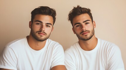 Twin brothers wearing white shirts stand side-by-side, looking directly at the camera with similar expressions.