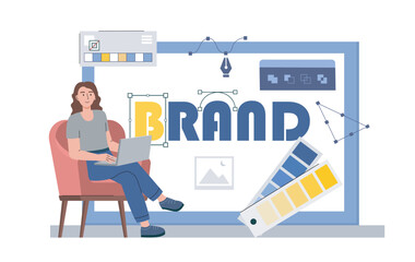 Woman create brand. Young girl with laptop developing brand for company. Graphic designer and freelancer at work. Branding, logotype and emblem creation. Flat vector illustration