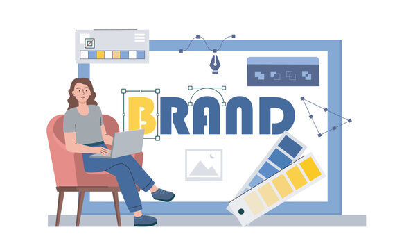Woman create brand. Young girl with laptop developing brand for company. Graphic designer and freelancer at work. Branding, logotype and emblem creation. Flat vector illustration