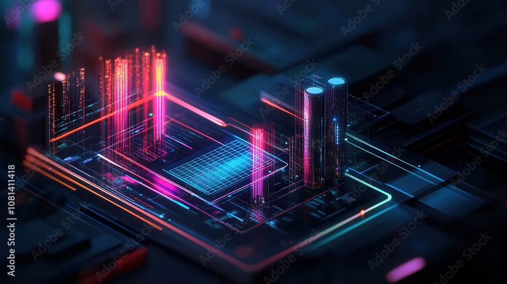 Poster futuristic digital landscape with glowing neon structures and circuits, showcasing advanced technolo
