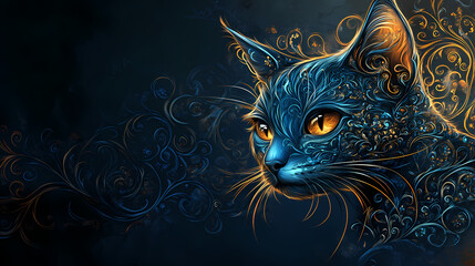 Artistic blue cat portrait, regal expression, ornate design with warm colors on a dark background, copy space. Regal. Illustration