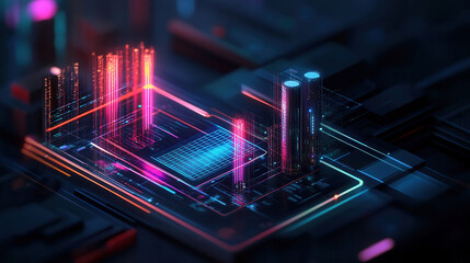 Futuristic digital landscape with glowing neon structures and circuits, showcasing advanced technology and innovation