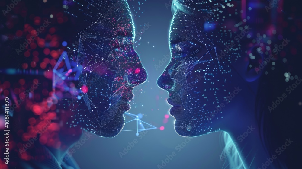 Poster a couple from different countries uses their translation devices to write love letters to each other