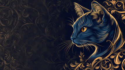 Artistic blue cat portrait, regal expression, ornate design with warm colors on a dark background, copy space. Regal. Illustration