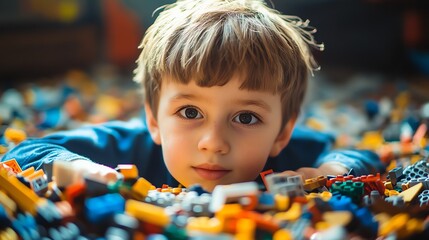A young boy looks up at the camera as he plays with building blocks.