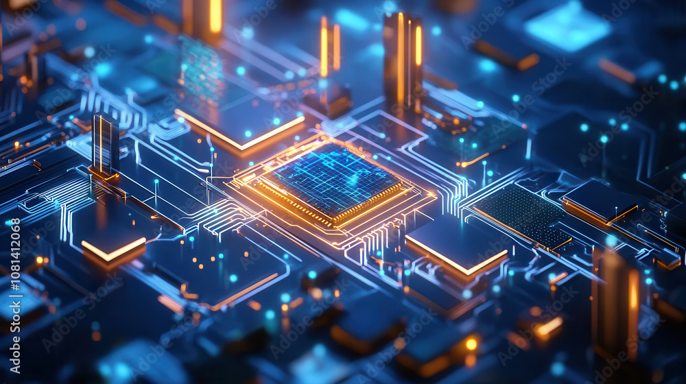 Poster close up view of futuristic circuit board with glowing components, showcasing intricate details and 
