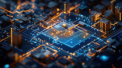 Futuristic cityscape with glowing circuits and data connections, showcasing technology and innovation. vibrant colors create dynamic atmosphere