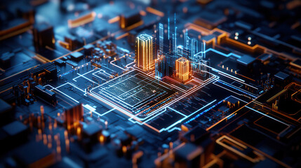 Futuristic cityscape with glowing buildings and circuit patterns, showcasing advanced technology and urban development. vibrant colors create dynamic atmosphere