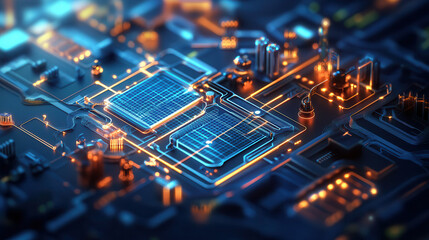 Futuristic circuit board with glowing components and intricate patterns, showcasing technology and innovation in digital landscape