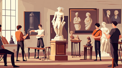 People Observing Classical Sculptures and Paintings in an Art Gallery