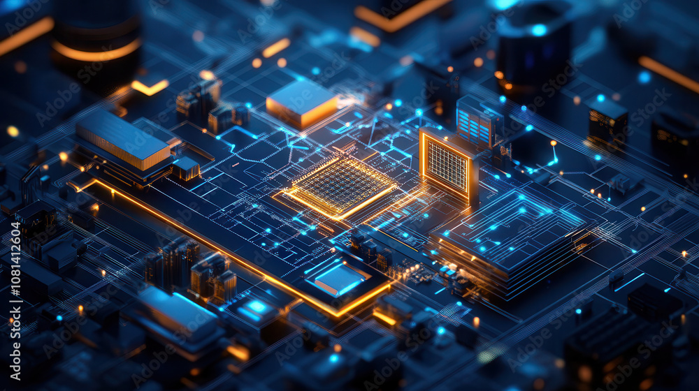 Poster futuristic circuit board with glowing components and intricate patterns, showcasing advanced technol