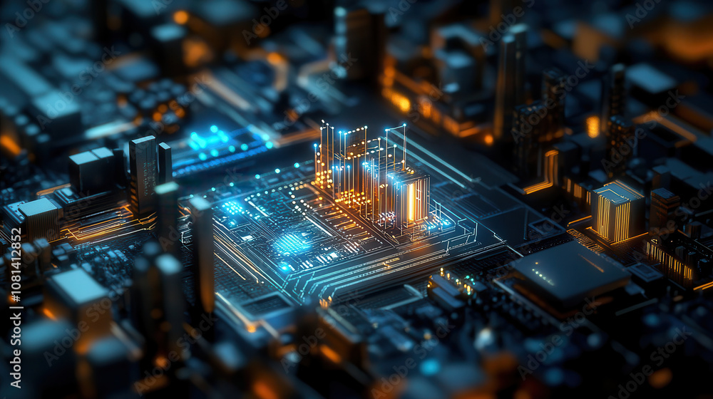 Poster futuristic circuit board with glowing elements and intricate patterns, showcasing advanced technolog