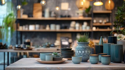 Ceramic pottery and tableware on rustic wooden table