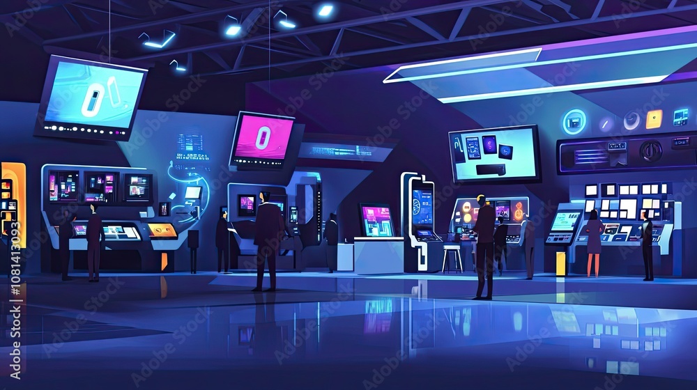 Poster futuristic control room with people and screens displaying data