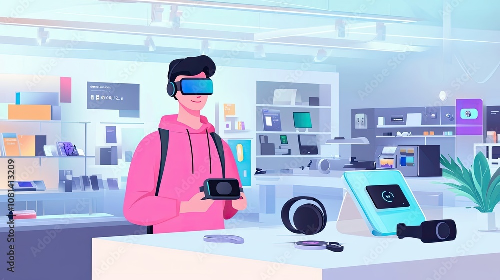 Poster man in a virtual reality headset holding a controller in a tech store