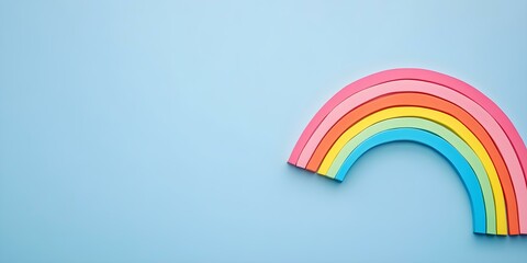 Fototapeta premium An isolated rainbow icon positioned on the right side, set against a panoramic blue background with copy space --ar 2:1 --s 50.