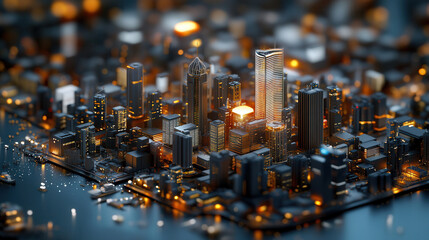 vibrant city skyline at night, showcasing illuminated skyscrapers and bustling waterfront. scene captures essence of urban life with glowing lights and reflections
