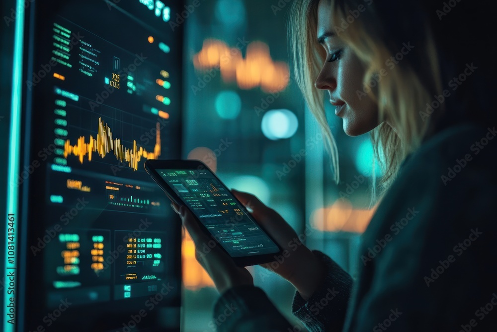 Poster a businesswoman analyzes financial data on a tablet in front of a large screen displaying charts and