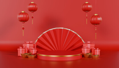 Red gift box with ribbon in chinese new year  display scene presentation for product