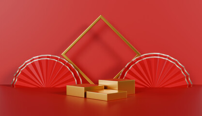 Chinese New Year style red one podium product showcase with gold circular shape with fold fan,  Holiday traditional festival concept