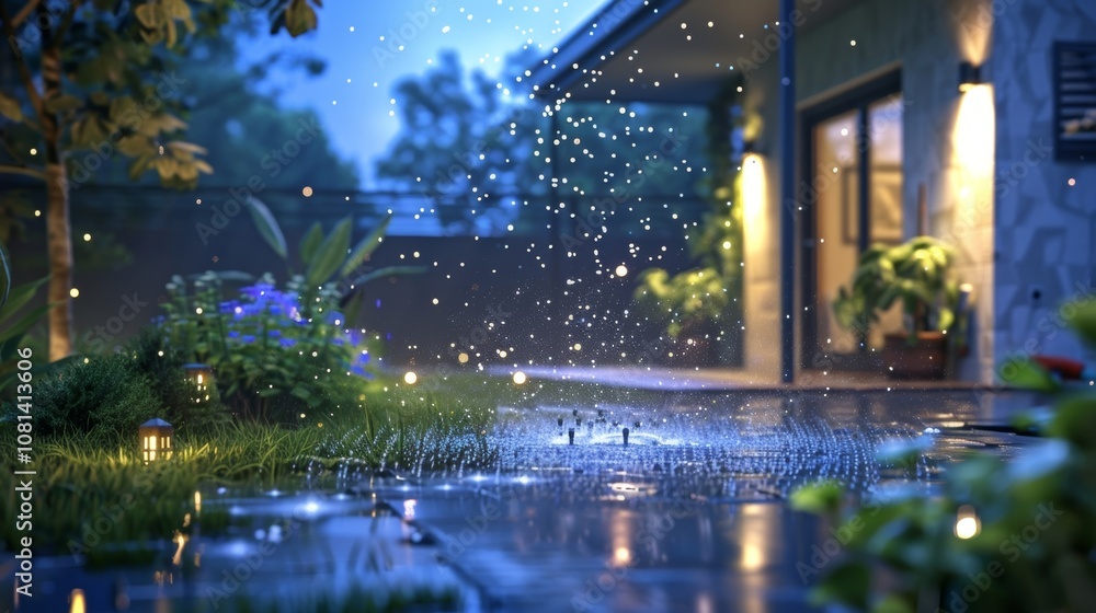 Poster rain falls on an illuminated garden path at night, creating a magical atmosphere in a modern backyar