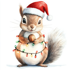 cheerful squirrel wearing Santa hat and surrounded by Christmas lights, holding nut. Perfect for holiday themes and festive decorations