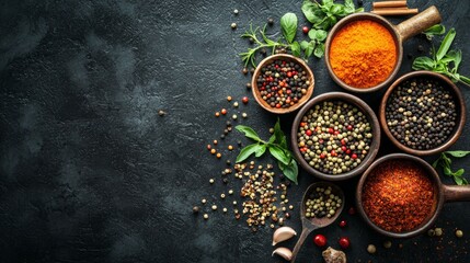 Assorted colorful spices and herbs on dark background