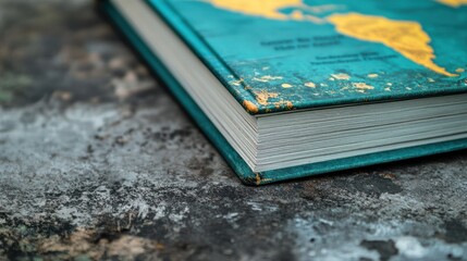 Close Up of an Old Book with a World Map Cover