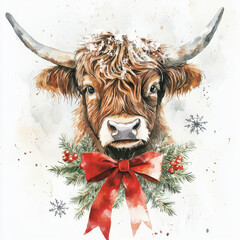 festive Highland cow adorned with Christmas wreath and bow, surrounded by snowflakes, captures holiday spirit beautifully