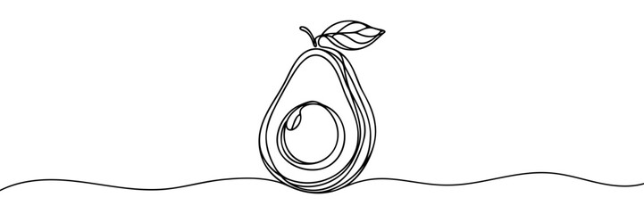 One continuous line illustration of an avocado, isolated on white background. Line art of an avocado