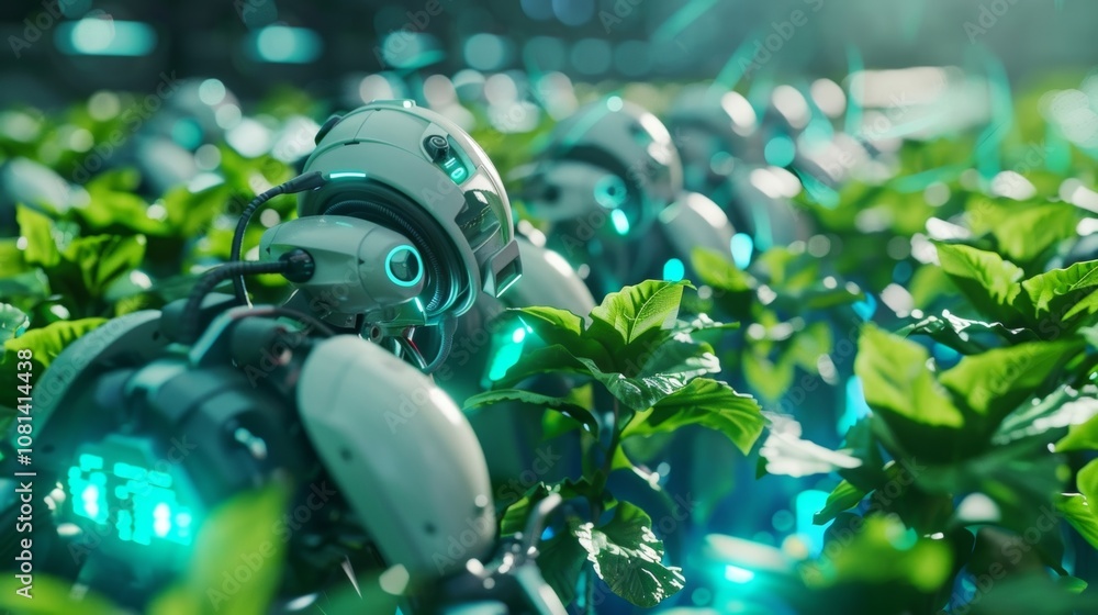 Poster advanced robots with sensors and cameras monitor plant growth in a high tech greenhouse, showing the