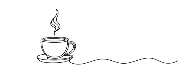 Coffee cup outline. Continuous line drawing with cup of coffee and coffee beans. Breakfast outline illustration. Line art for cafe