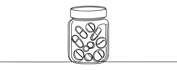 Jar of pills one continuous line drawing. Vector illustration of tablets, vitamins and pills in a plastic jar. Medicines, medicine and beauty. Pills pouring out of a jar drawn by one endless line.